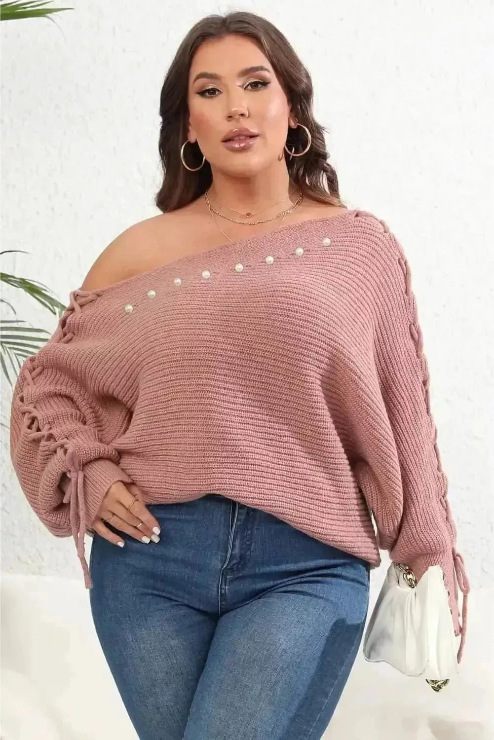 Plus Size One Shoulder Beaded Sweater - Godiva Oya Bey