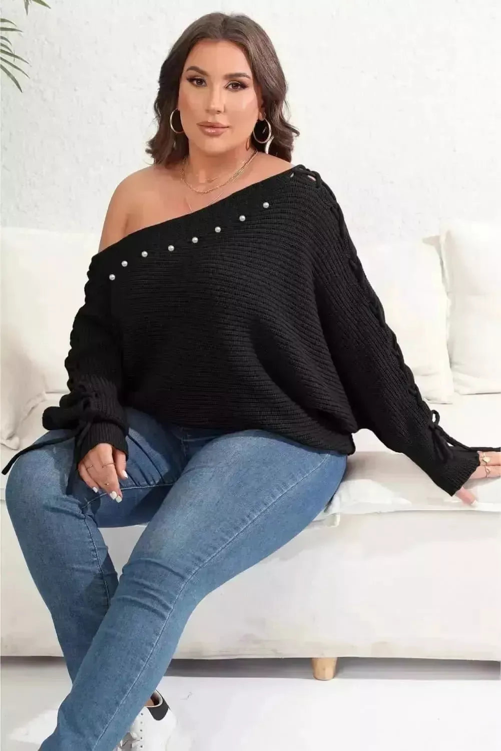 Plus Size One Shoulder Beaded Sweater - Godiva Oya Bey
