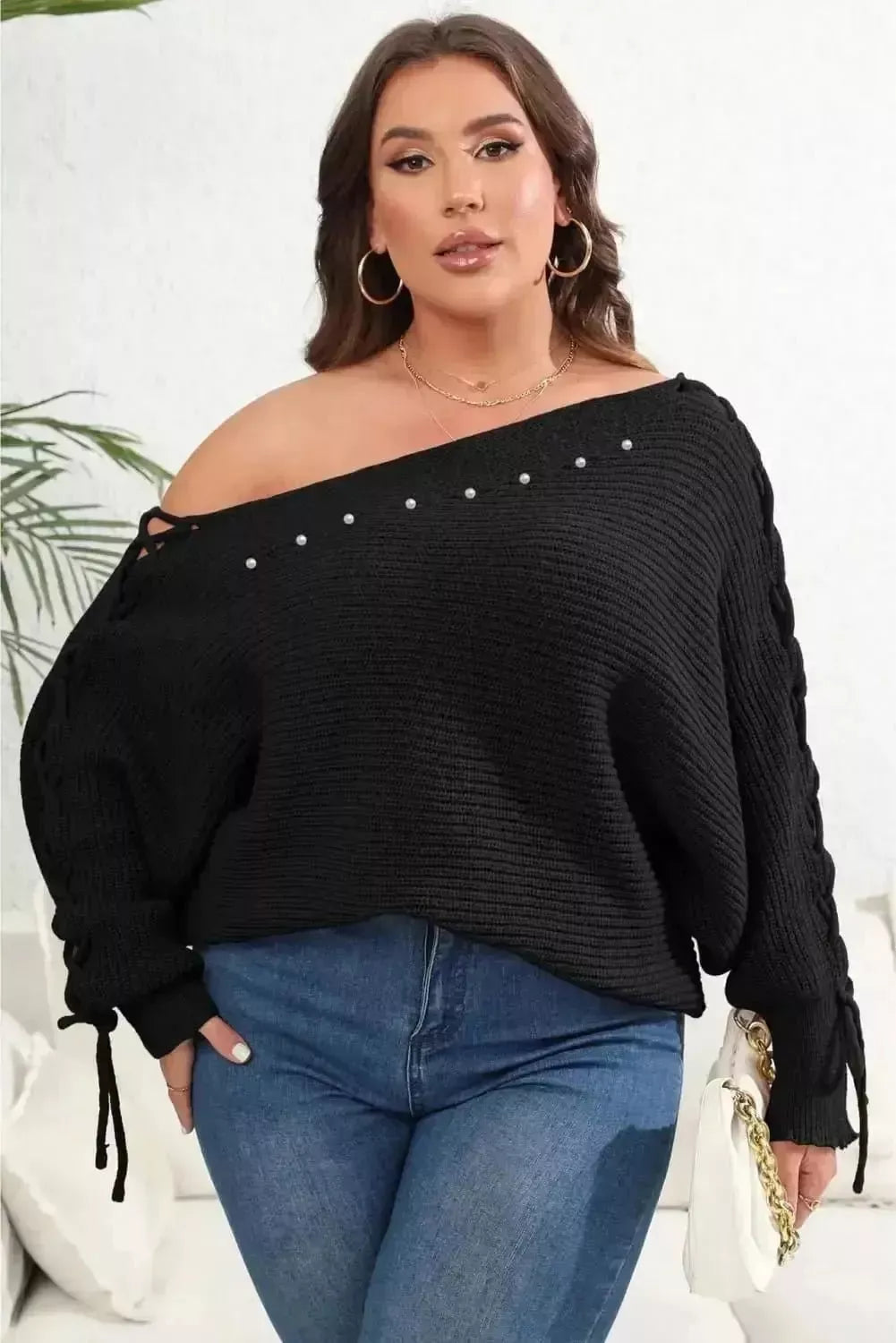 Plus Size One Shoulder Beaded Sweater - Godiva Oya Bey