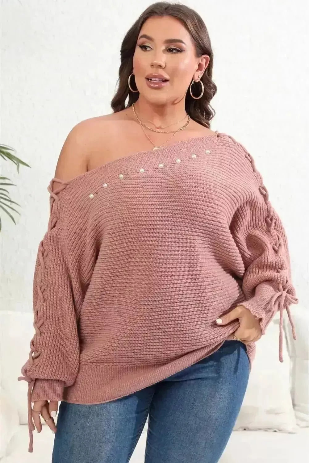 Plus Size One Shoulder Beaded Sweater - Godiva Oya Bey