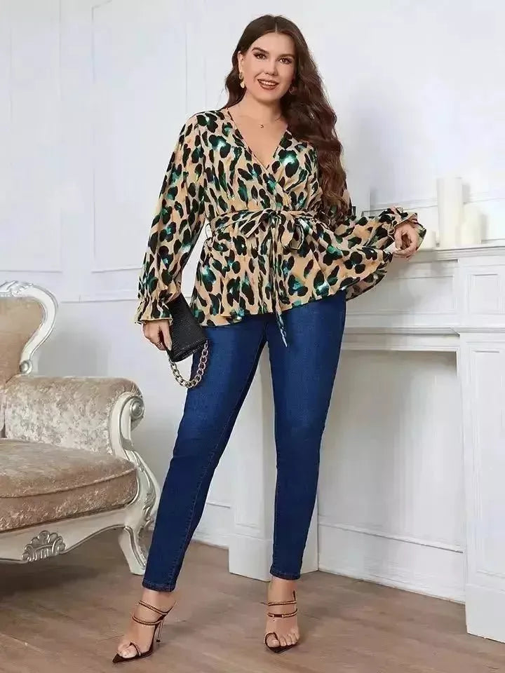 Plus Size Printed Tie Waist Blouse - Godiva Oya Bey