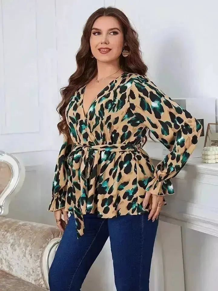 Plus Size Printed Tie Waist Blouse - Godiva Oya Bey