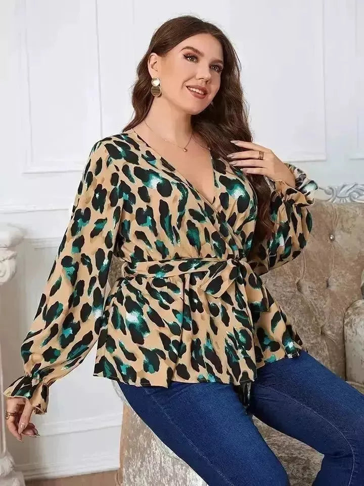 Plus Size Printed Tie Waist Blouse - Godiva Oya Bey