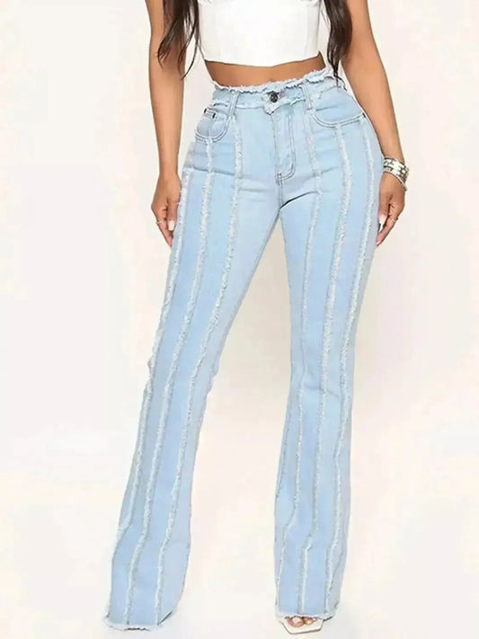Striped Raw Hem Jeans - Godiva Oya Bey