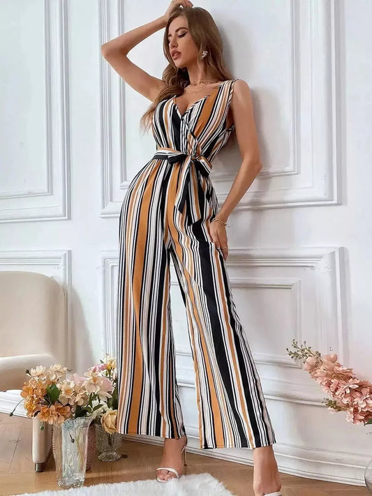 Striped Surplice Neck Sleeveless Wide Leg Jumpsuit - Godiva Oya Bey