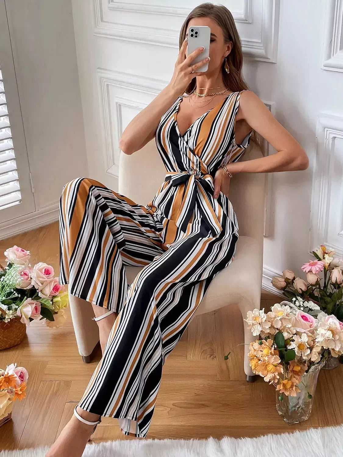 Striped Surplice Neck Sleeveless Wide Leg Jumpsuit - Godiva Oya Bey