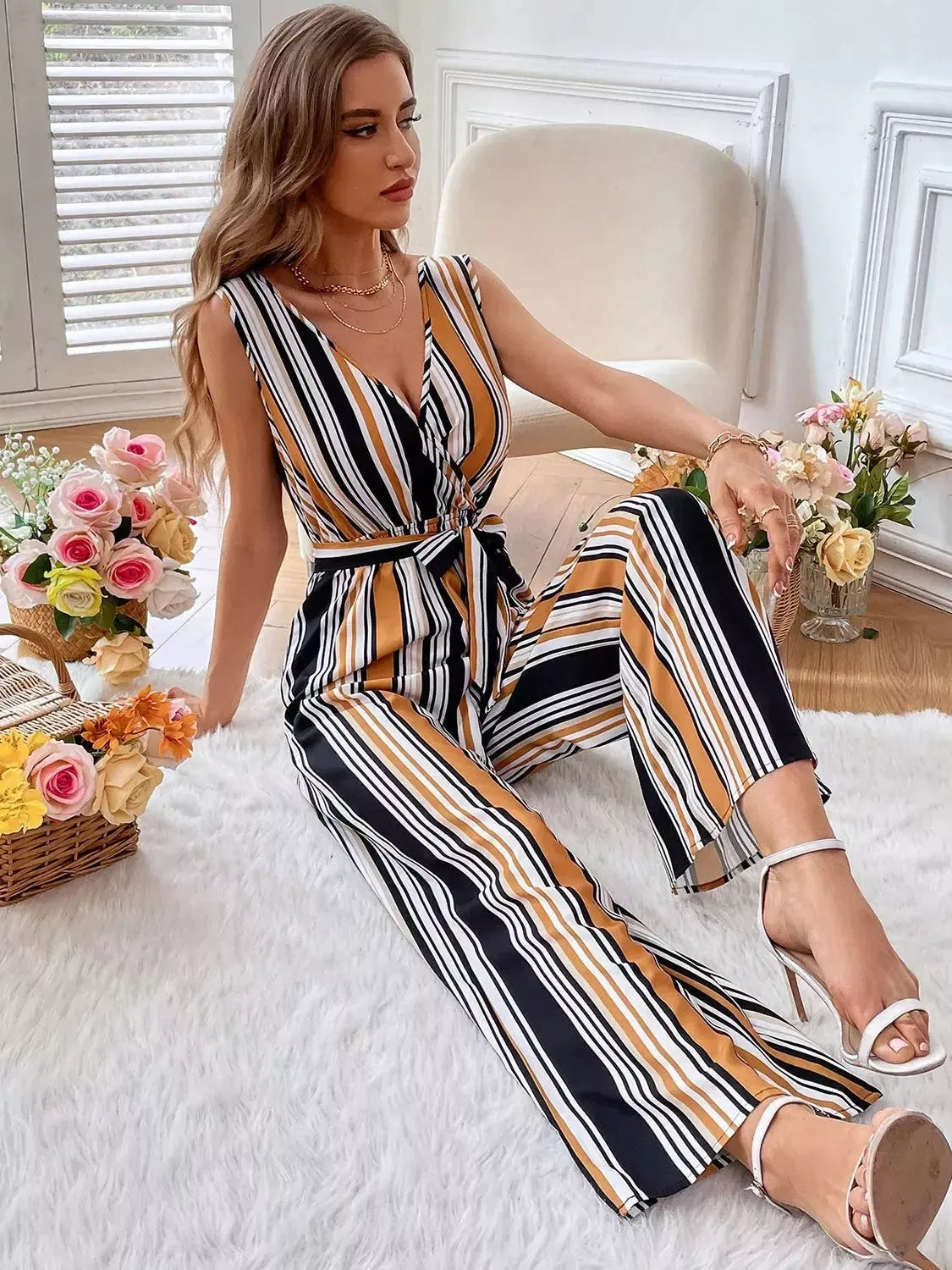 Striped Surplice Neck Sleeveless Wide Leg Jumpsuit - Godiva Oya Bey