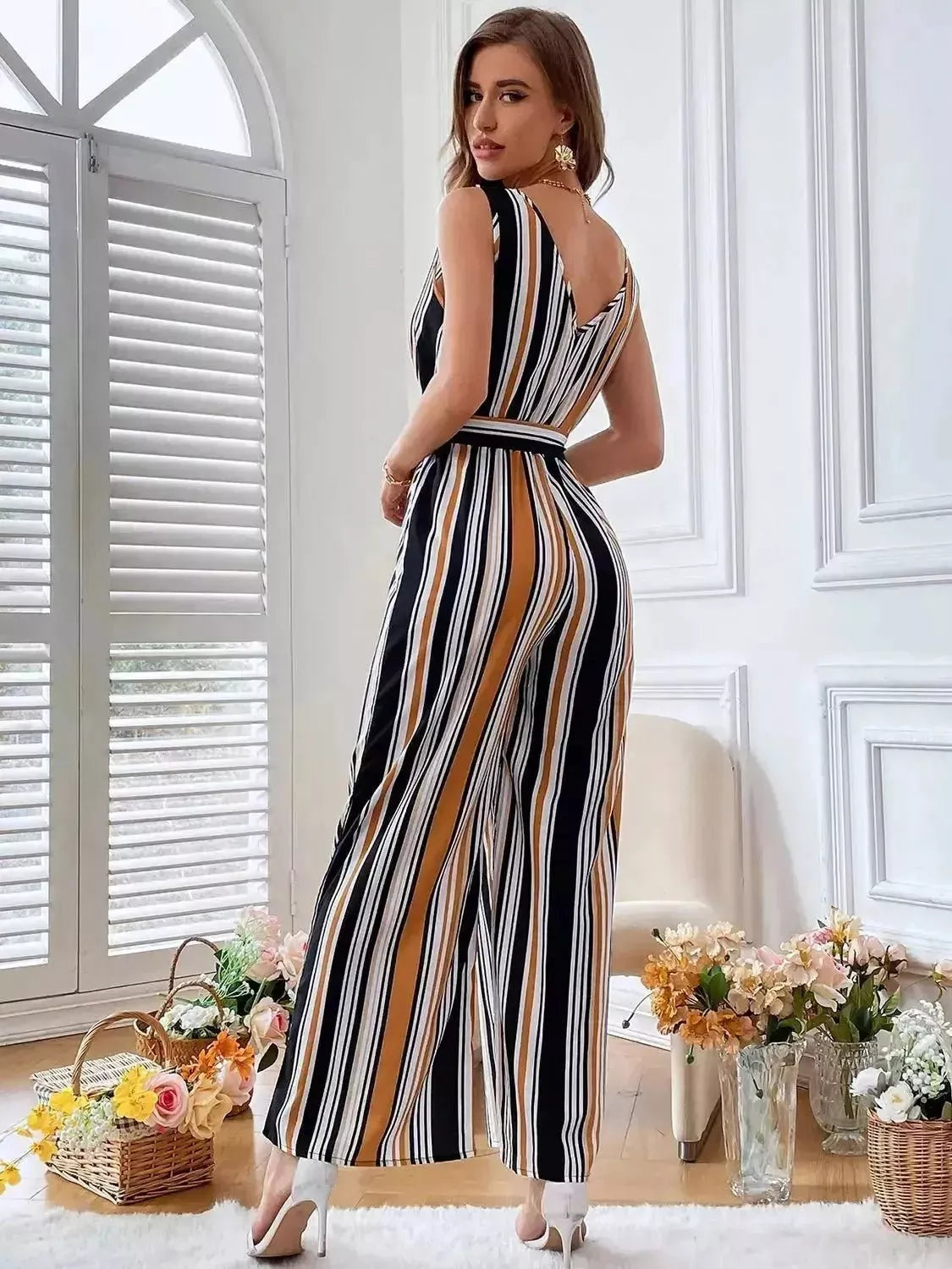 Striped Surplice Neck Sleeveless Wide Leg Jumpsuit - Godiva Oya Bey