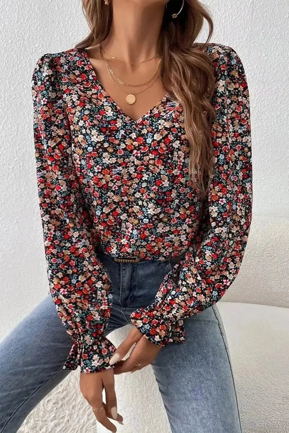V-Neck Printed Long Sleeve Blouse - Godiva Oya Bey