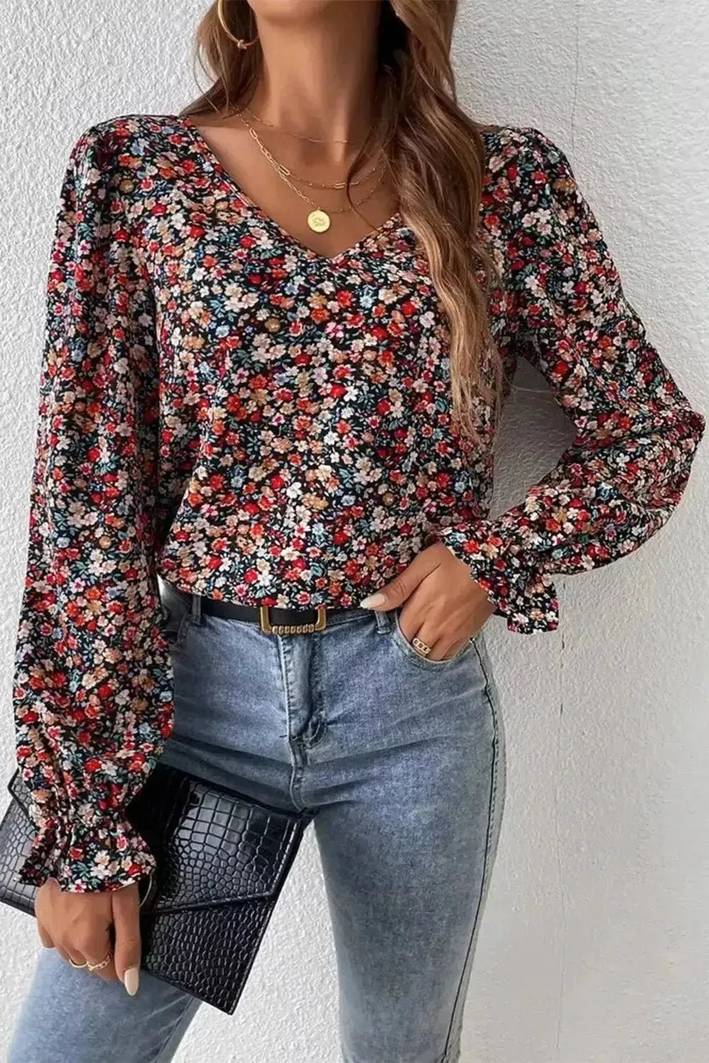 V-Neck Printed Long Sleeve Blouse - Godiva Oya Bey