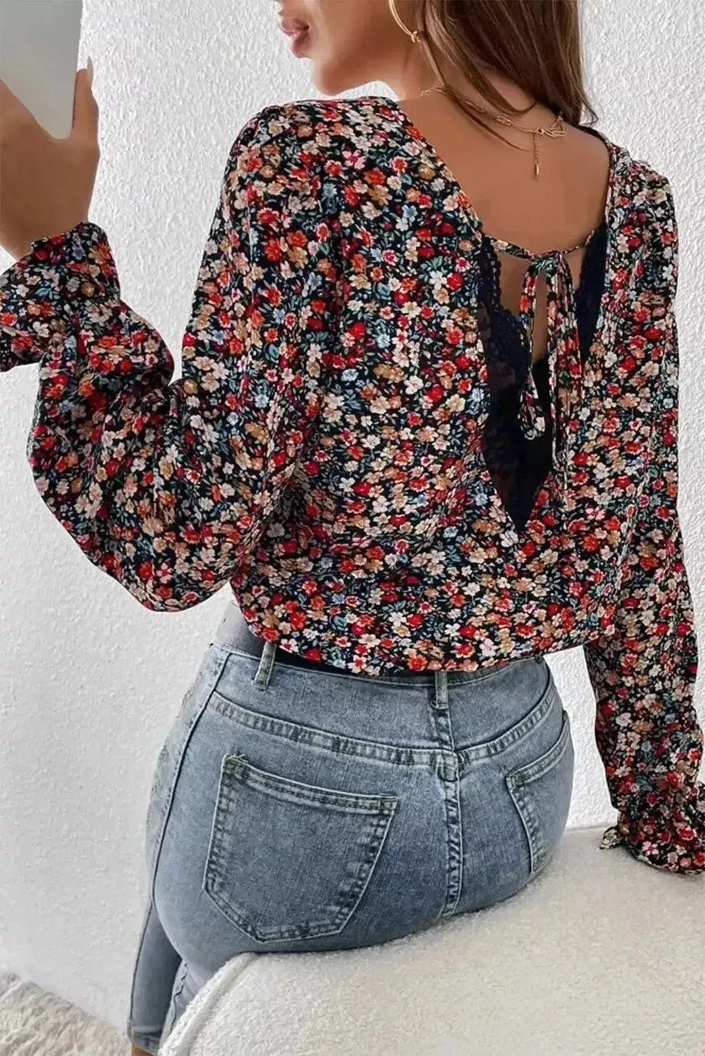V-Neck Printed Long Sleeve Blouse - Godiva Oya Bey