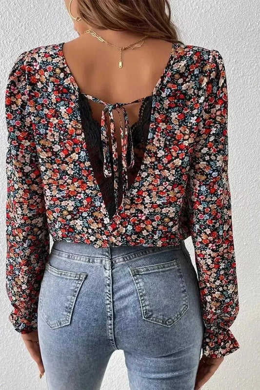 V-Neck Printed Long Sleeve Blouse - Godiva Oya Bey
